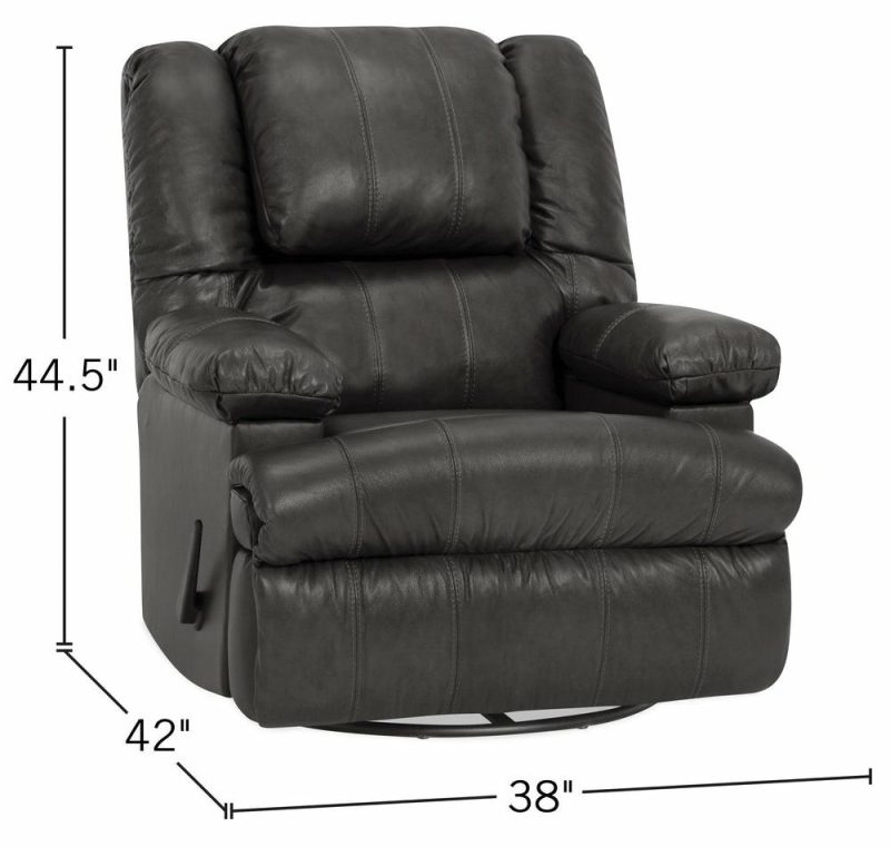 38″ Weston Granite Grey Genuine Leather Swivel Rocker Reclining Chair With Storage Arms Furniture