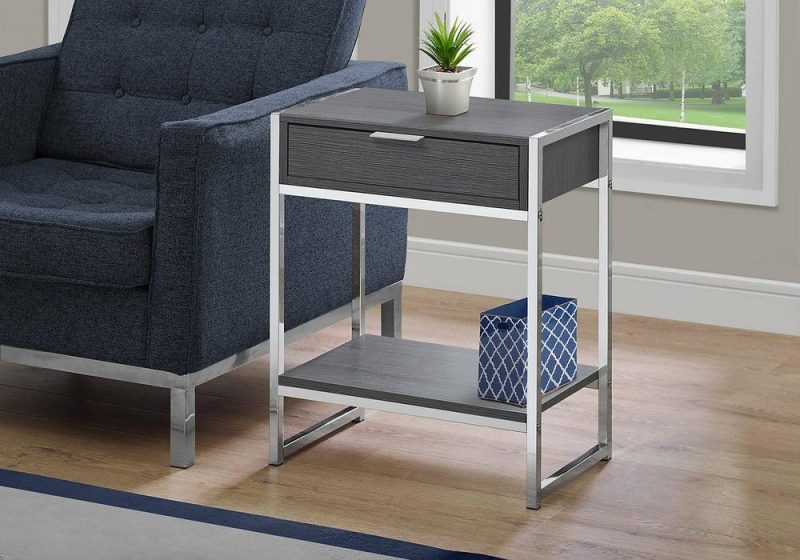 Alice 19.5″ Accent Table With Storage & Shelf – Grey With Chrome Accents End Tables