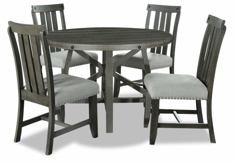 Alto Round 5Pc Dining Set With Table & 4 Chairs, 48-66″W Extension, Trestle Base – Grey Dining Room