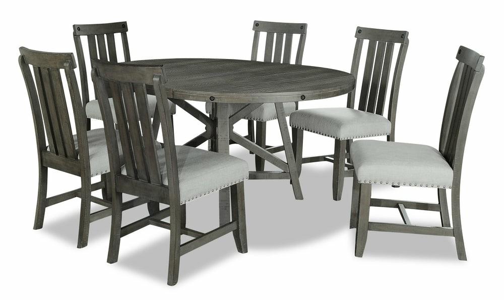 Alto Round 5Pc Dining Set With Table & 6 Chairs, 48-66″W Extension, Trestle Base – Grey Dining Room