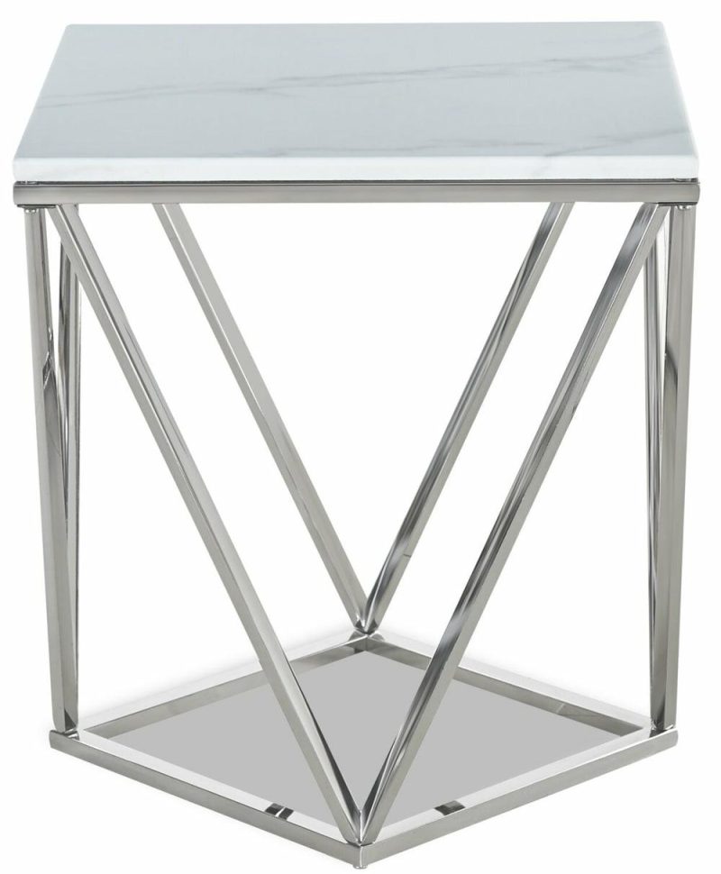 Amanda 21.5″ Modern Square End Table – White Marble Top With Chrome Metal Base End Tables