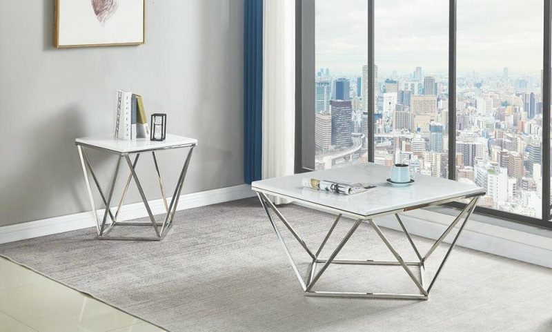 Amanda 21.5″ Modern Square End Table – White Marble Top With Chrome Metal Base End Tables