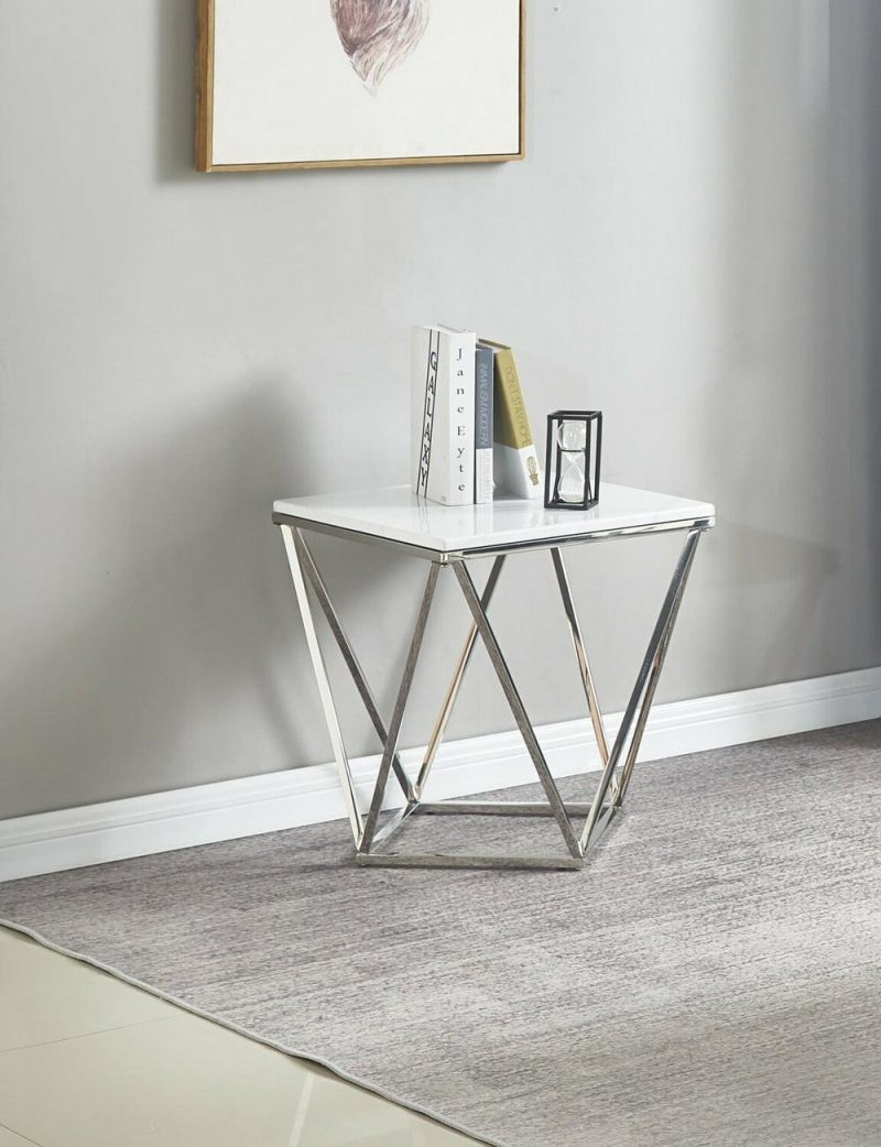 Amanda 21.5″ Modern Square End Table – White Marble Top With Chrome Metal Base End Tables