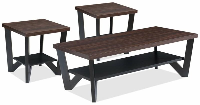 Arika 47.5″ Modern 3-Pack Coffee + 2 End Tables With Shelf – Dark Walnut Annd Black Coffee Tables