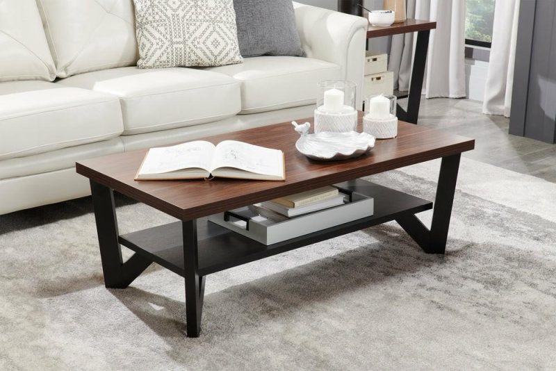 Arika 47.5″ Modern 3-Pack Coffee + 2 End Tables With Shelf – Dark Walnut Annd Black Coffee Tables