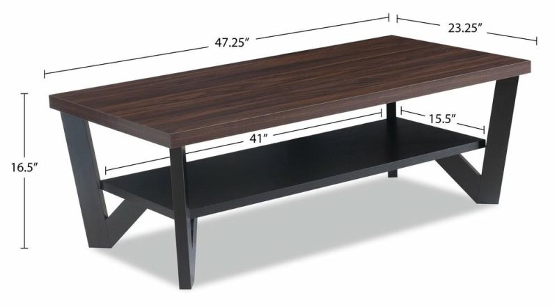 Arika 47.5″ Modern 3-Pack Coffee + 2 End Tables With Shelf – Dark Walnut Annd Black Coffee Tables