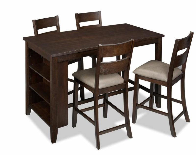 Astoria 5Pc Counter-Height Dining Set With Table & 4 Chairs, Built-In Shelves, 60″W – Brown Dining Room