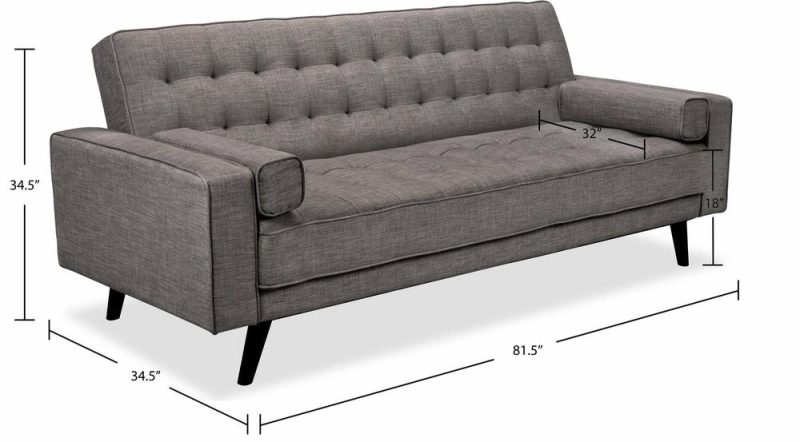 Avery 81.5″ Grey Linen-Look Fabric Klik Klak Futon With Tufting And Two Armrest Pillows Furniture