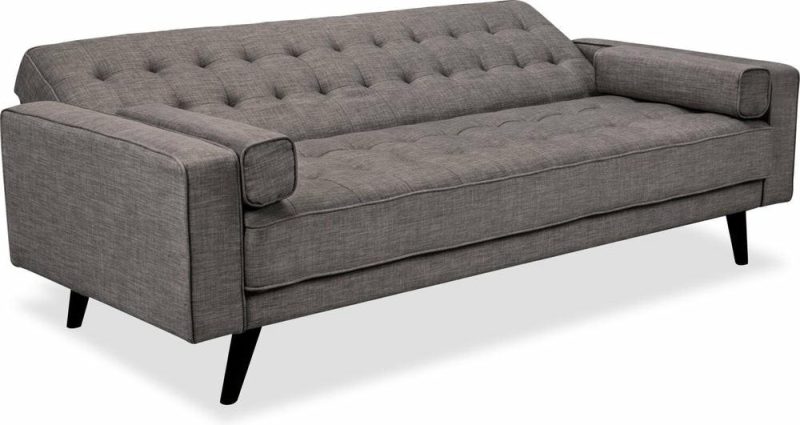 Avery 81.5″ Grey Linen-Look Fabric Klik Klak Futon With Tufting And Two Armrest Pillows Furniture