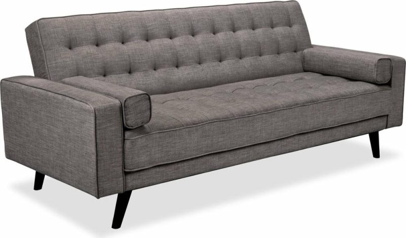 Avery 81.5″ Grey Linen-Look Fabric Klik Klak Futon With Tufting And Two Armrest Pillows Furniture