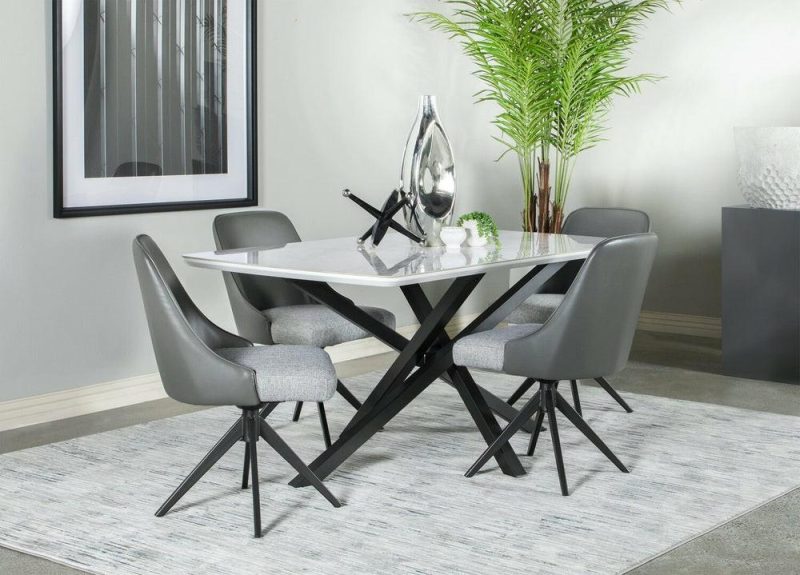 Bari 5Pc Dining Set With Table & 4 Grey Swivel Chairs, Marble-Look Ceramic Top, Metal, 63″W Dining Room