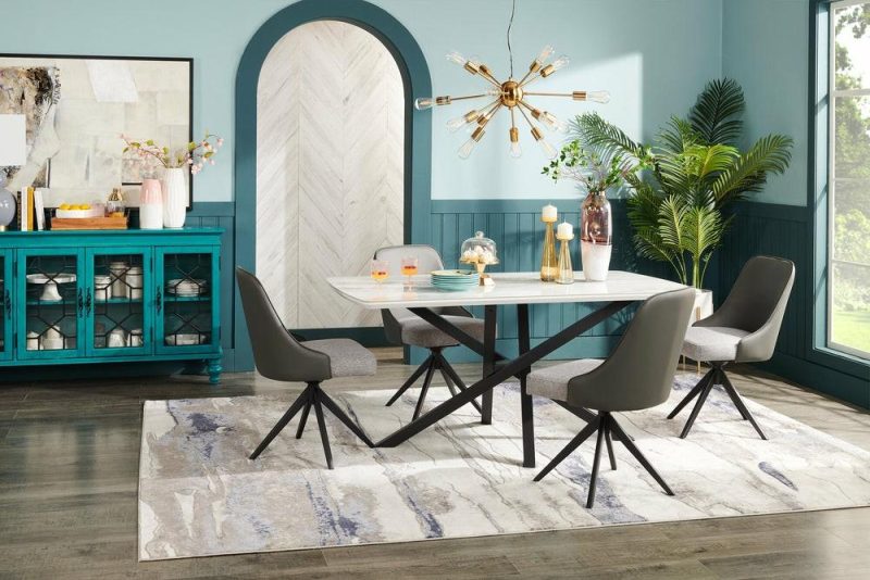 Bari 5Pc Dining Set With Table & 4 Grey Swivel Chairs, Marble-Look Ceramic Top, Metal, 63″W Dining Room