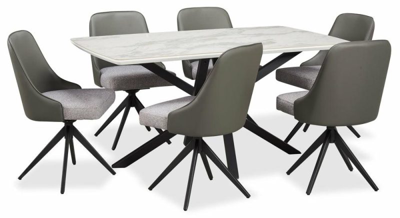 Bari 7Pc Dining Set With Table & 6 Grey Swivel Chairs, Marble-Look Ceramic Top, Metal, 63″W Dining Room