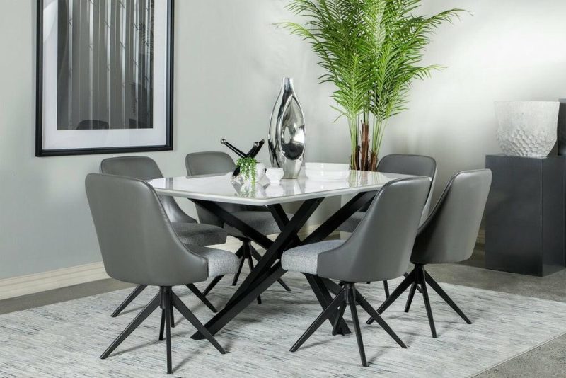 Bari 7Pc Dining Set With Table & 6 Grey Swivel Chairs, Marble-Look Ceramic Top, Metal, 63″W Dining Room