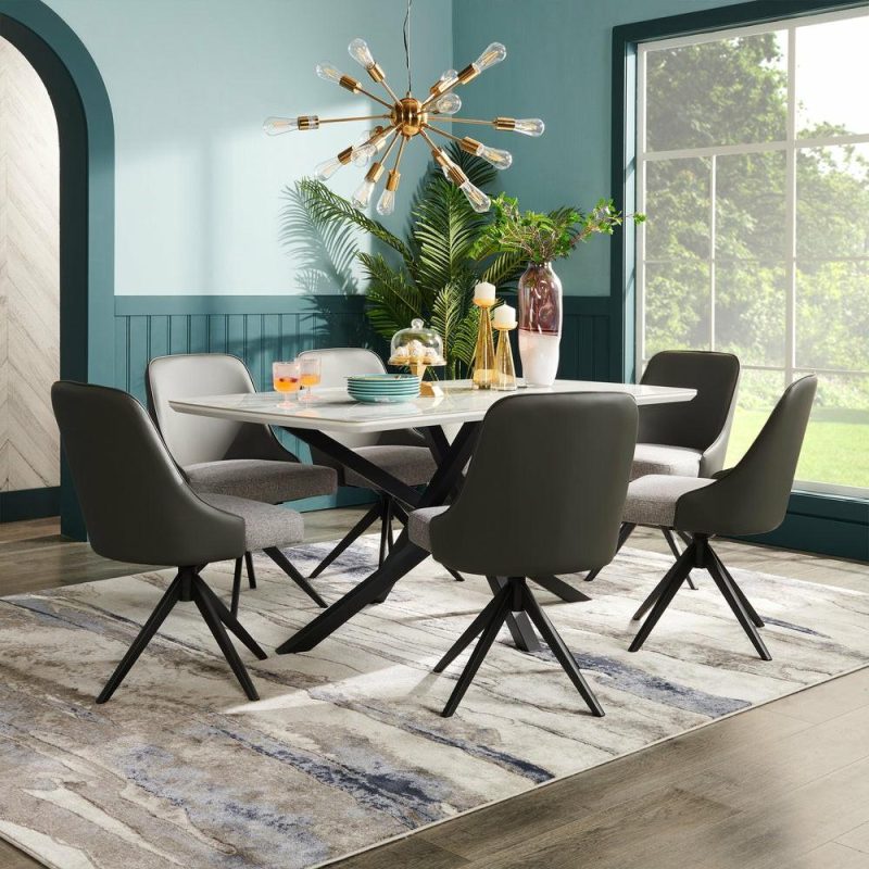 Bari 7Pc Dining Set With Table & 6 Grey Swivel Chairs, Marble-Look Ceramic Top, Metal, 63″W Dining Room