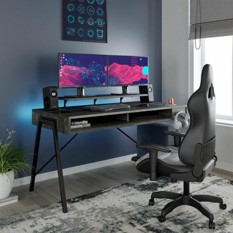 Barolli 60″ Gaming Desk With Cubby Storage – Grey Desks