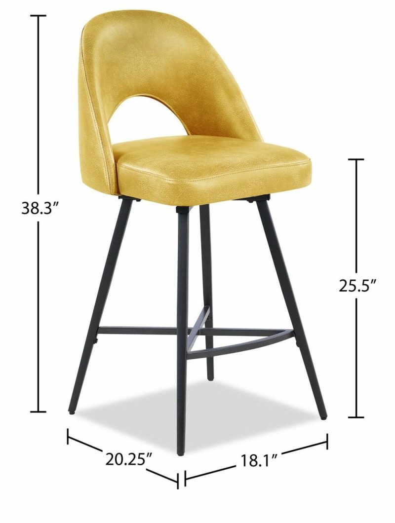 Bay Counter-Height Stool With Swivel Seat, Vegan Leather Fabric, Metal – Mustard Bar Stools