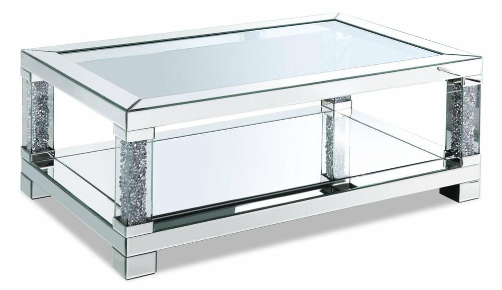 Berni 47.2″ Glam Mirror & Glass Top Coffee Table With Shelf – Silver Metal With Diamond Look Legs Coffee Tables