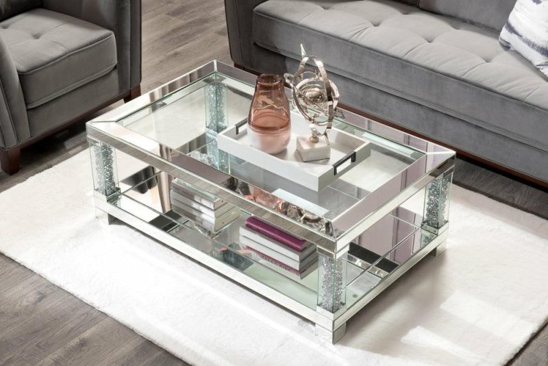 Berni 47.2″ Glam Mirror & Glass Top Coffee Table With Shelf – Silver Metal With Diamond Look Legs Coffee Tables