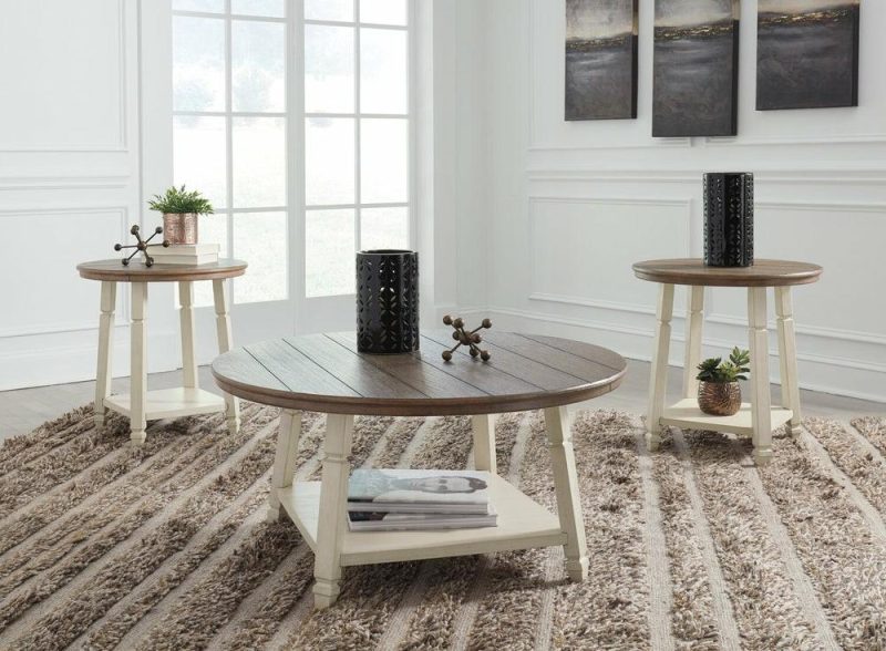 Bolanbrook 40″ Rustic Round 3-Pack Coffee + 2 End Tables With Shelf – Two Tone Wood Coffee Tables