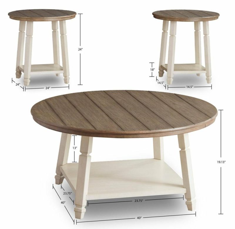 Bolanbrook 40″ Rustic Round 3-Pack Coffee + 2 End Tables With Shelf – Two Tone Wood Coffee Tables