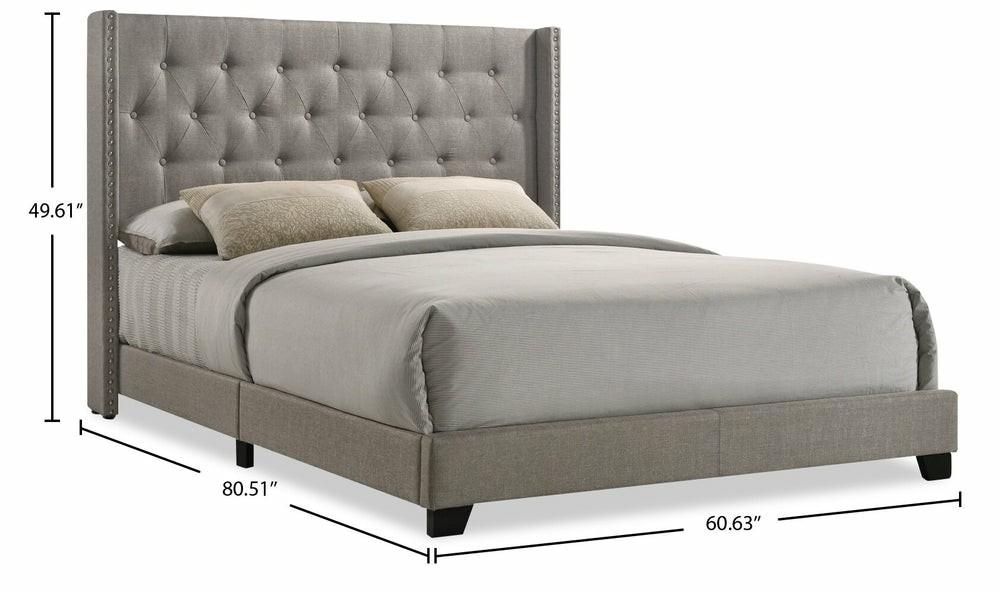 Brady Upholstered Wingback Bed In Light Grey Fabric With Nailhead Design, Button Tufted – Full Size Bedroom