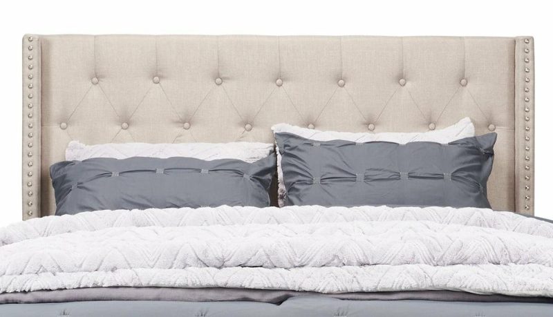 Brady Upholstered Wingback Bed In Light Grey Fabric With Nailhead Design, Button Tufted – Queen Size Bedroom