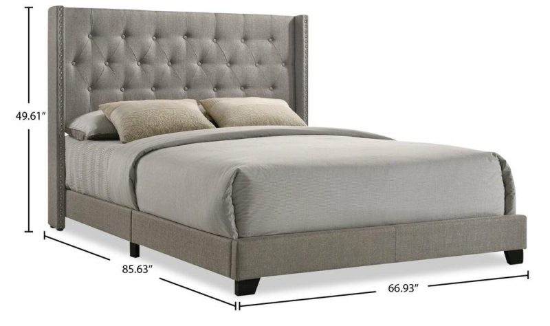 Brady Upholstered Wingback Bed In Light Grey Fabric With Nailhead Design, Button Tufted – Queen Size Bedroom