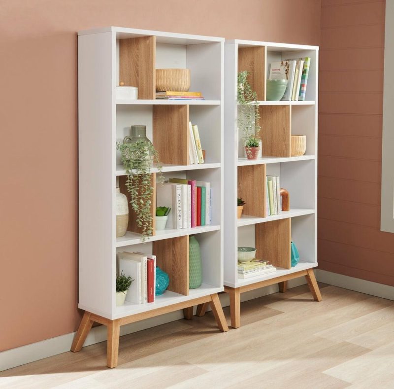 Bremen 32.75″ Bookcase With 4 Staggered Shelves – White And Light Brown Bookcases