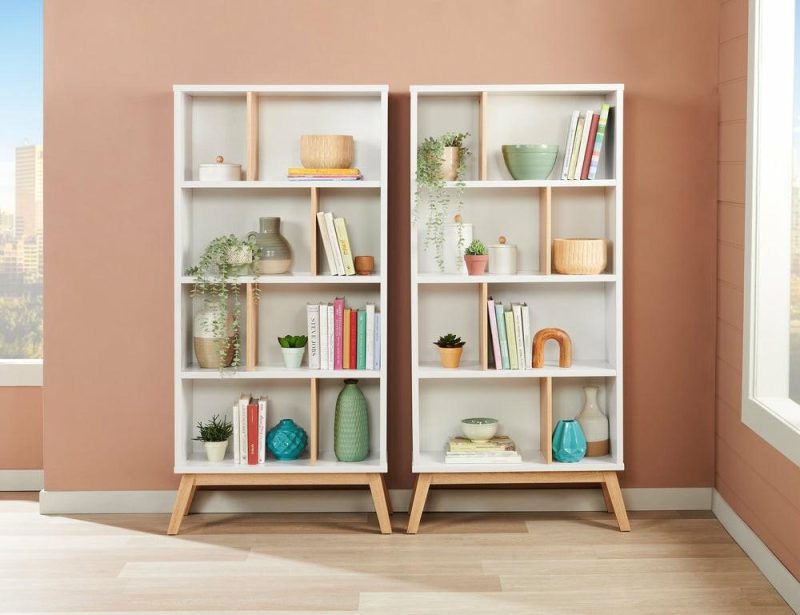 Bremen 32.75″ Bookcase With 4 Staggered Shelves – White And Light Brown Bookcases