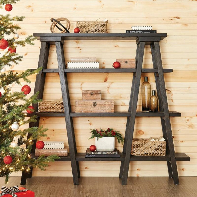 Calistoga 72″ 3-Shelf Open Ladder Bookcase – Weathered Charcoal Bookcases