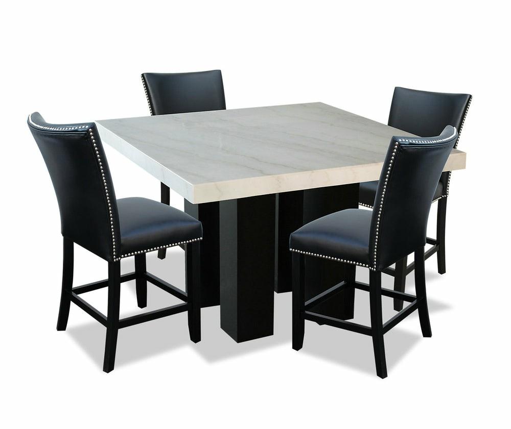 Cami 5Pc Counter-Height Dining Set With Table & 4 Black Chairs, Genuine Marble Top, 54″W Square Dining Room