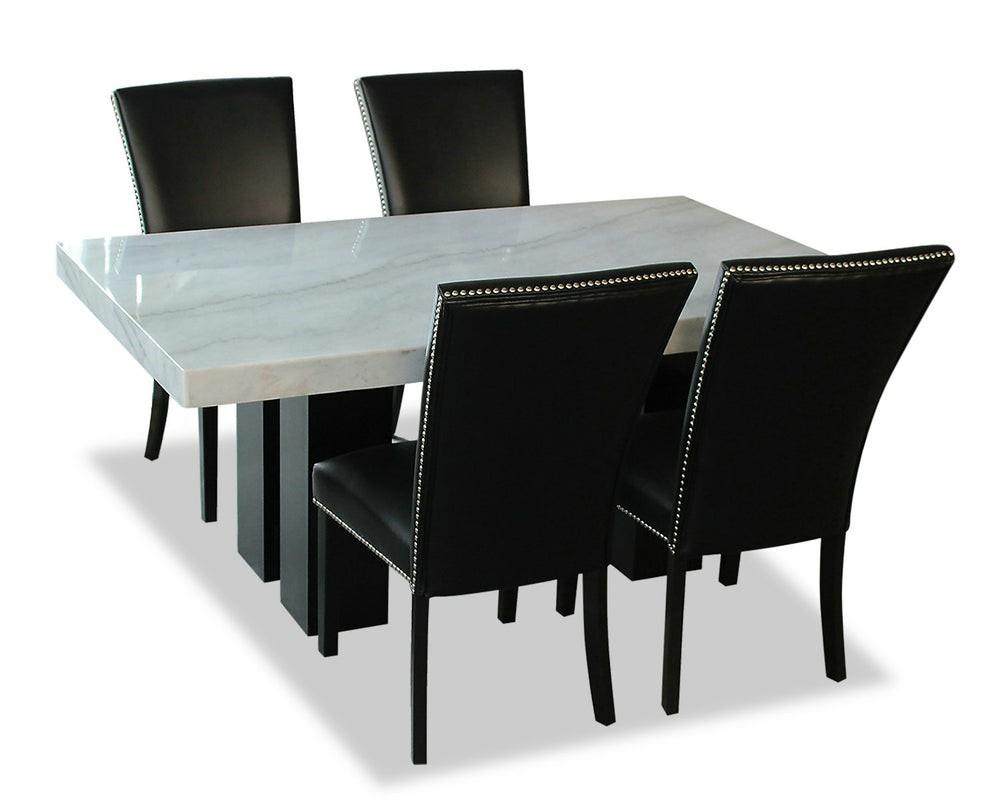 Cami 5Pc Dining Set With Table & 4 Black Chairs, Genuine Marble Top, 70″W Dining Room