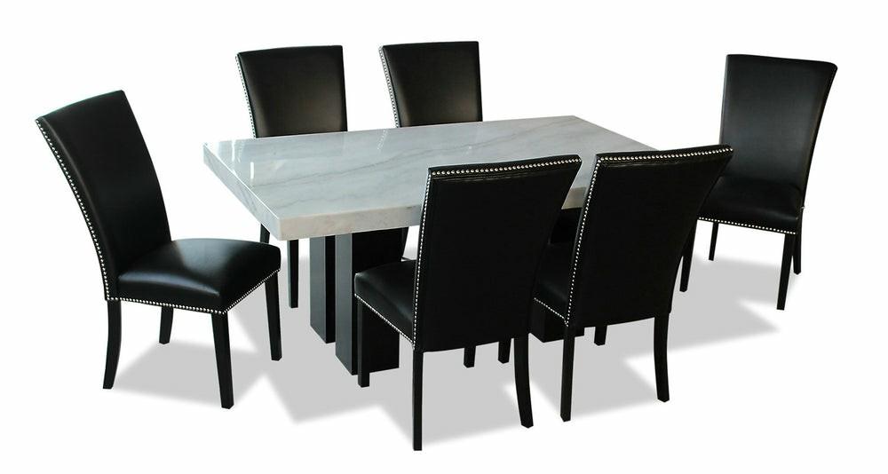 Cami 7Pc Dining Set With Table & 6 Black Chairs, Genuine Marble Top, 70″W Dining Room