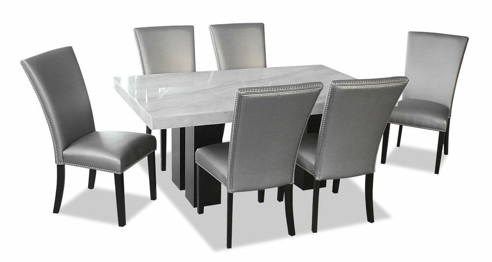 Cami 7Pc Dining Set With Table & 6 Grey Chairs, Genuine Marble Top, 70″W Dining Room