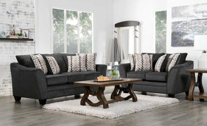 Canadian Made Febe 85″ Charcoal Grey Chenille Fabric Condo-Size Sofa With Flared Arms And Four Accent Pillows Furniture