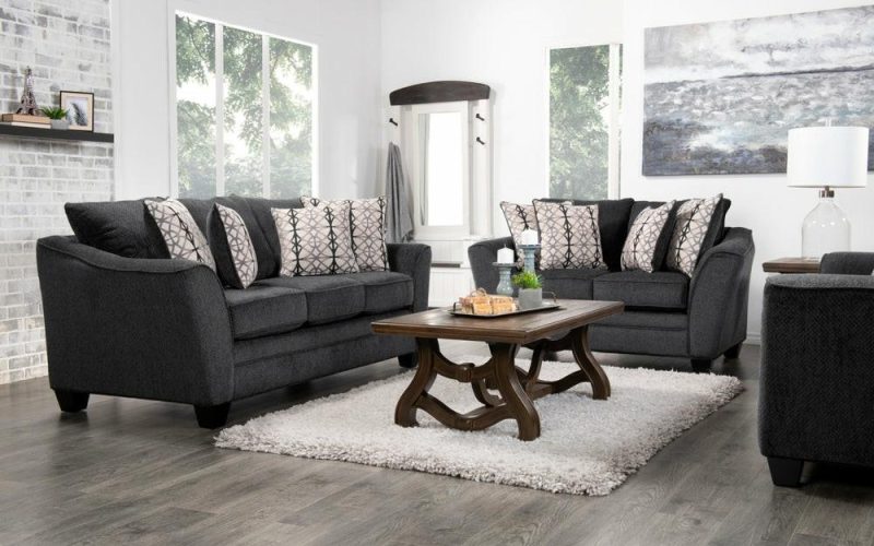 Canadian Made Febe 85″ Charcoal Grey Chenille Fabric Condo-Size Sofa With Flared Arms And Four Accent Pillows Furniture