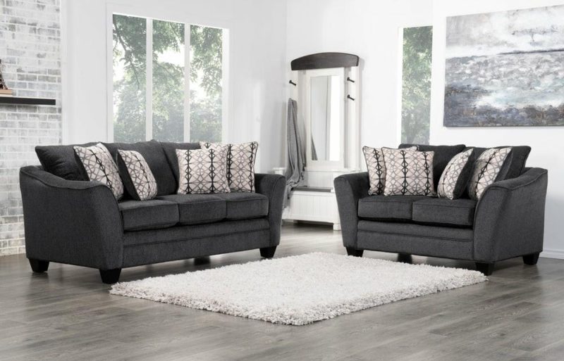 Canadian Made Febe 85″ Charcoal Grey Chenille Fabric Condo-Size Sofa With Flared Arms And Four Accent Pillows Furniture