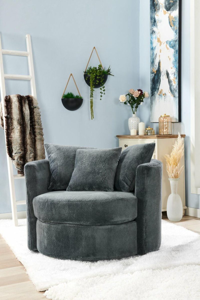 Canadian Made Midi 42″ Plush Thunder Grey Chenille Fabric Swivel Cuddler Accent Chair Accent Chairs