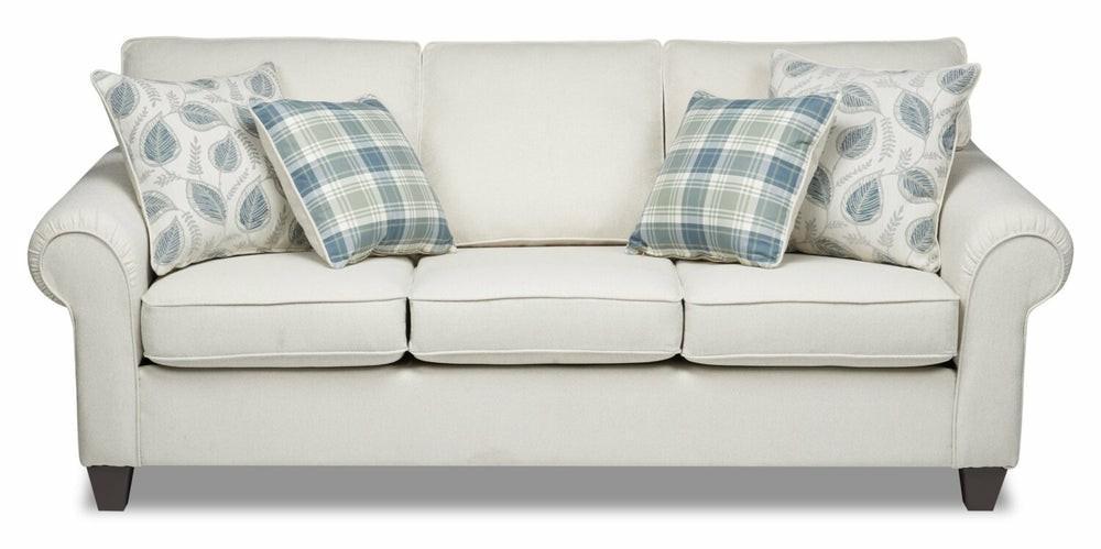 Canadian Made Scarlett 87″ Ecru Beige Chenille Fabric Sofa With Rolled Arms And Four Accent Pillows Furniture