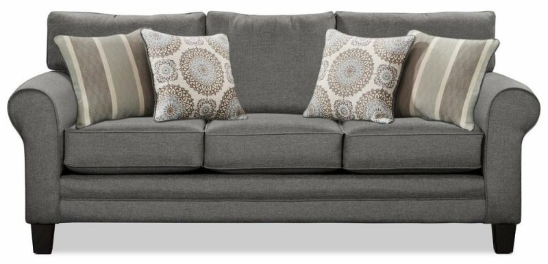 Canadian Made Tula 88″ Steel Grey Fabric Sofa With Rolled Arms And Four Accent Pillows Furniture