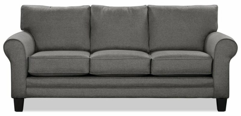 Canadian Made Tula 88″ Steel Grey Fabric Sofa With Rolled Arms And Four Accent Pillows Furniture