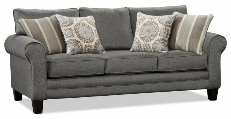 Canadian Made Tula 88″ Steel Grey Fabric Sofa With Rolled Arms And Four Accent Pillows Furniture