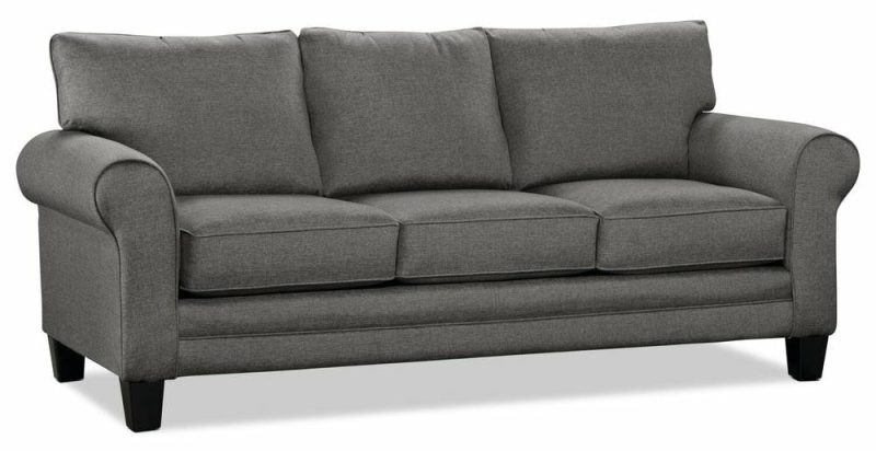 Canadian Made Tula 88″ Steel Grey Fabric Sofa With Rolled Arms And Four Accent Pillows Furniture