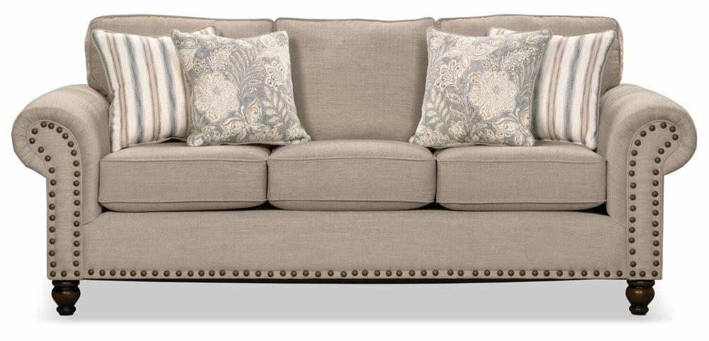 Canadian Made Wynn 93″ Taupe Chenille Fabric Sofa With Rolled Arms, Nailhead Accents And Wood Bun Feet Furniture