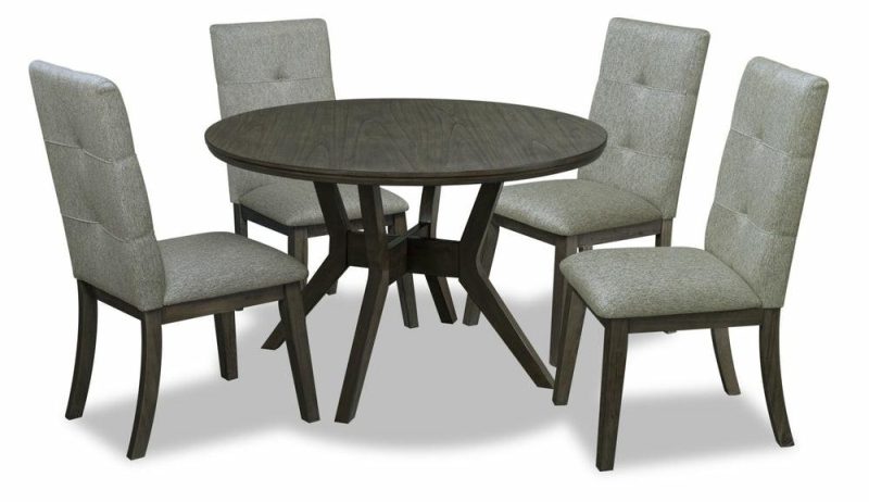 Chelsea 5Pc Dining Set With Table & 4 Grey Chairs, 48″W Round – Grey/Brown Dining Room