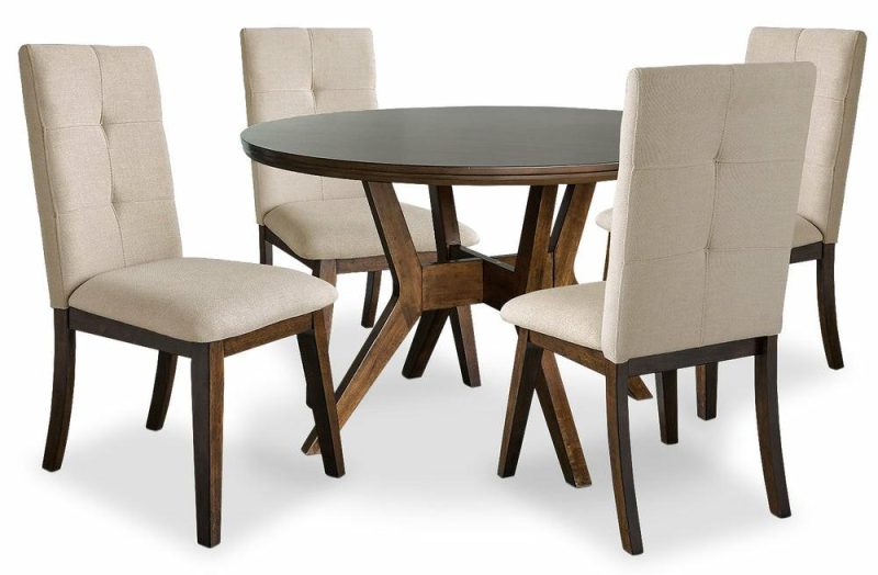 Chelsea 5Pc Dining Set With Table & 4 Taupe Chairs, 48″W Round – Walnut Brown Dining Room