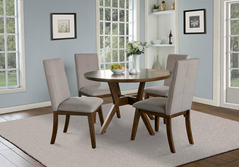 Chelsea 5Pc Dining Set With Table & 4 Taupe Chairs, 48″W Round – Walnut Brown Dining Room