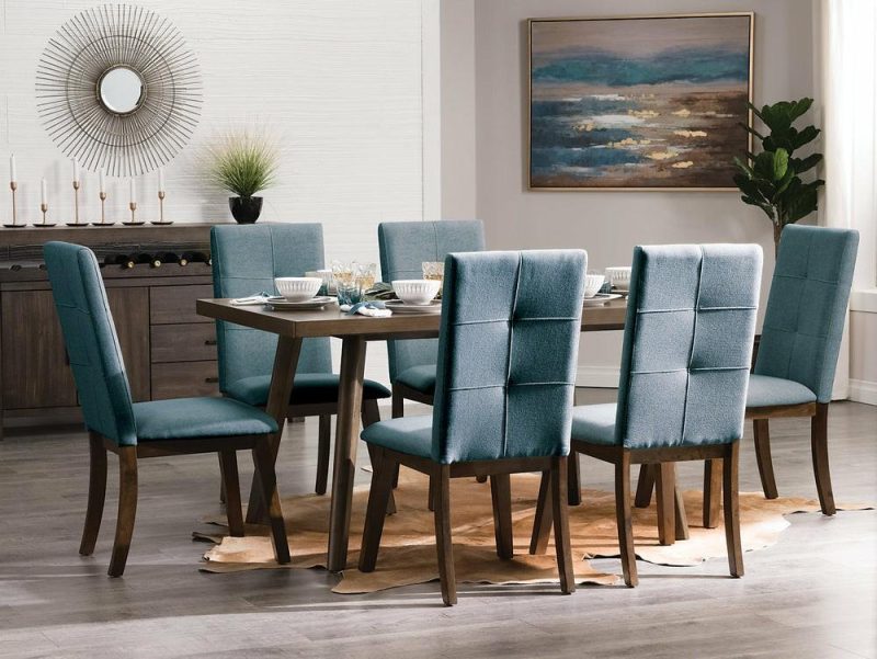 Chelsea 7Pc Dining Set With Table & 6 Blue Chairs, 60″W – Walnut Brown Dining Room