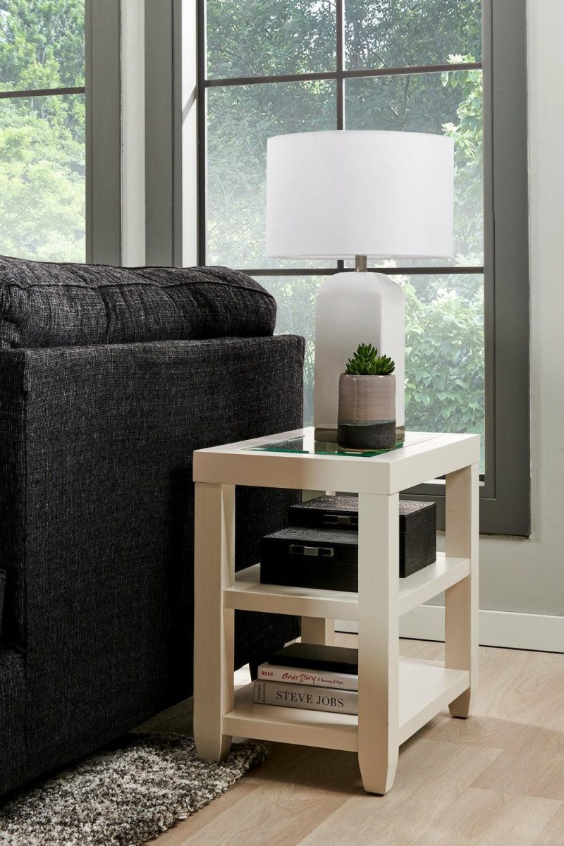 Corey 16″ Modern Glass Top Chairside Table With Shelf – White Wood End Tables